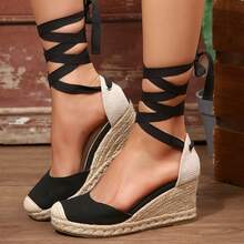 Women's Espadrille Platform Wedge Sandals – Closed Toe Ankle Strap Lace Up Summer Shoes - màu đen - Xem 5