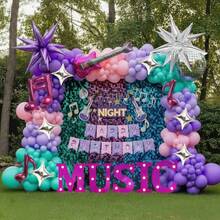 这款Music Hunter K-POP主题气球拱门装饰套装包含144件，其中包括带有音乐符号的迪斯科星形聚酯薄膜气球。它适用于生日派对、Y2K音乐活动、毕业舞会、乐队装饰、单身派对、电影/电视剧粉丝派对以及其他以K-Pop为主题的场合。 - 彩色 - 查看 6
