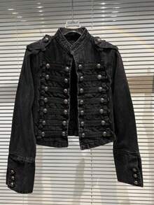 Chaqueta corta de mezclilla lavada con diseño de hebilla de costillas de metal clásico - Negro - Ver 1