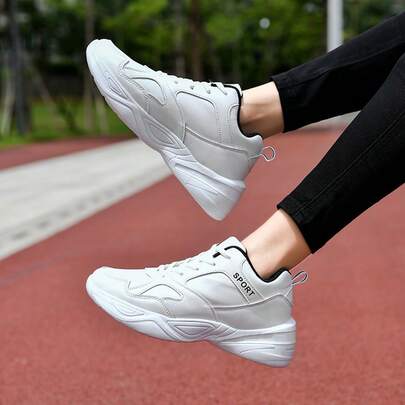 SAILUOPU Women's Men's White Wedge Platform Chunky Sneakers Letter Print Lightweight Comfortable Couple Shoes