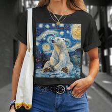 Cute Polar Bear Van Gogh Style Starry Night-Shirt Cotton Black Printed Short Sleeve-Shirt, Vintage Street Style Casual Versatile Top Tee. - Black - View 2