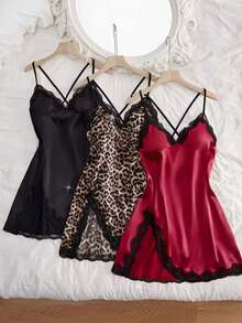 Women Sleep Dresses 3pcs Slit Contrast Lace Pajama Set Lace Up V Neck Backless Sexy Dress Elegant Nightdress Loungewear Lace Nightgown Sexy Pajamas Home Loungewear Bedtime Wear Backless Sleepwear V Neck Pajamas Sexy Sleepwear Contrast Lace Detail Hand Wash Care Feminine Stitching - 彩色 - 查看 6