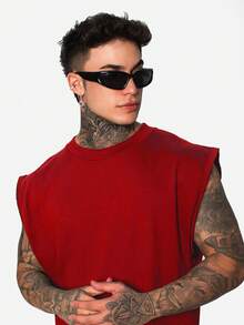DMUNIZ Oversized Crew Neck Streetwear Tank Top, Plain, 100% Cotton - New Release - Đỏ - Xem 1