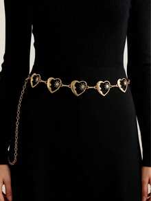 1pc Fashionable Versatile Heart & Crescent Flower Gold Tone Waist Chain, Suitable For Women's Daily Wear, Party, Festival, Gift - Gold - View 1