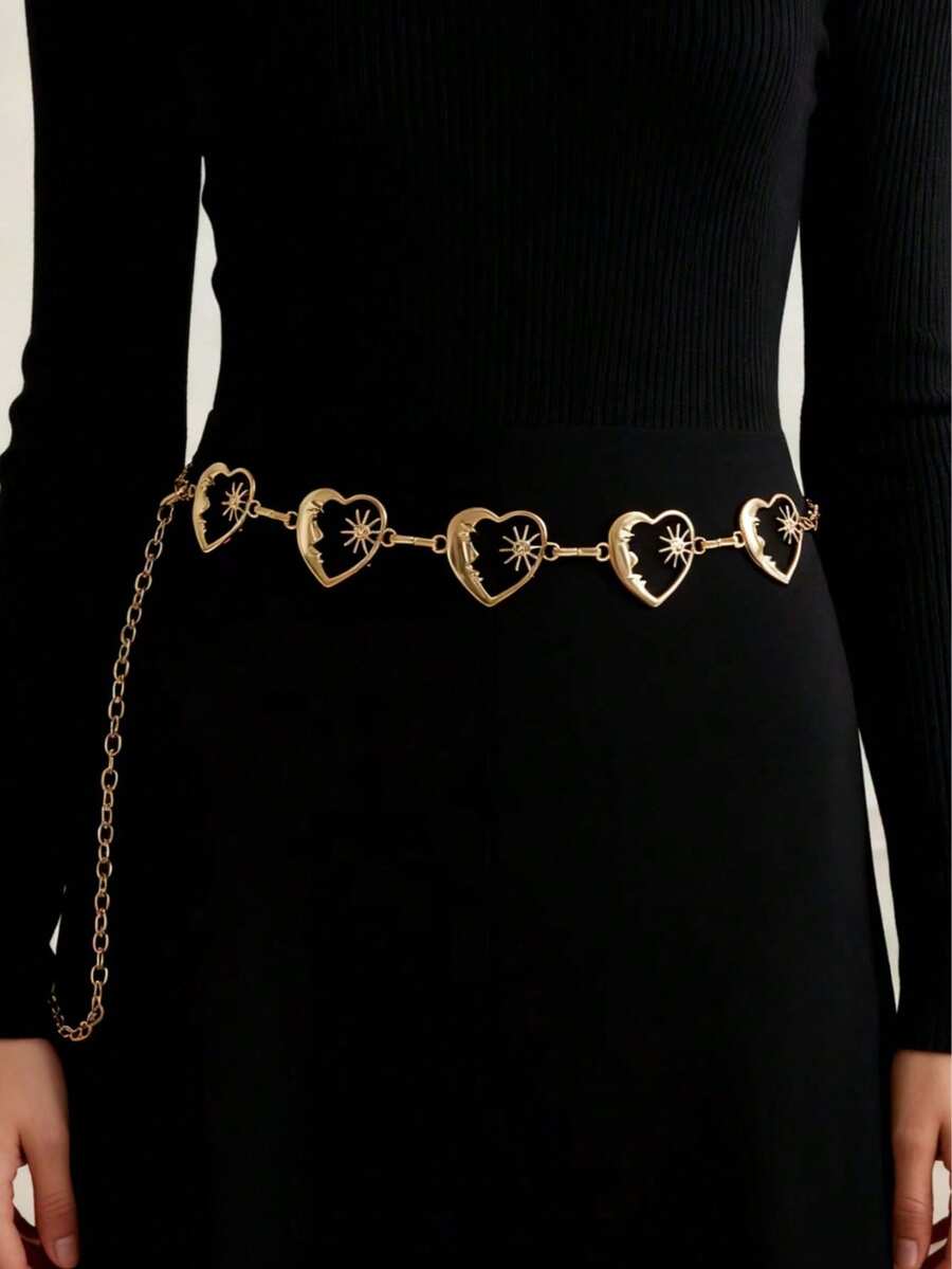 1pc Fashionable Versatile Heart & Crescent Flower Gold Tone Waist Chain, Suitable For Women's Daily Wear, Party, Festival, Gift - Gold - View 1
