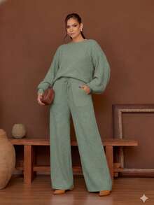 Women's Long-Sleeved Mousse Knit Set, Women's Winter Clothing, Tailored Pants - 綠色 - 查看 3