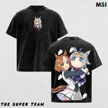 Special Week & Oguri Cap X Uma Musume – Racing Duo Graphic Tee Featuring Bold Back Art & Washed Oversized Fit For Otaku Merch Cotton Menswear - màu đen - Xem 2