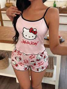 2pcs Women's Sanrio Hello Kitty Pink Cute Print Pajama Set, Home Wear Set, Summer/Spring Ladies Apparel, Valentine's Day, Camisole Top + Shorts, Casual Outfit - Pink - View 3