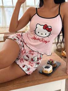 2pcs Women's Sanrio Hello Kitty Pink Cute Print Pajama Set, Home Wear Set, Summer/Spring Ladies Apparel, Valentine's Day, Camisole Top + Shorts, Casual Outfit - Pink - View 5