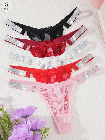 5pcs Women's Floral Lace Patchwork Glamorous Shiny Elegant Romantic Comfortable Thong Panties