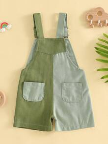 Mono corto para niños y niñas, mono de verano con bonitos colores contrastantes y bolsillos para uso diario informal. - Verde - Ver 7