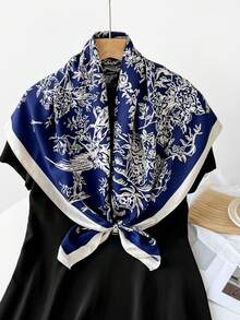 1pc Floral Printed Imitated Silk Twill Scarf Headband For Women, Suitable For Daily Wear Elegant Bandana,Hair Band,Head Band Ideal For Dressing Up Your Look  Winter Fall - Navy Blue - View 11