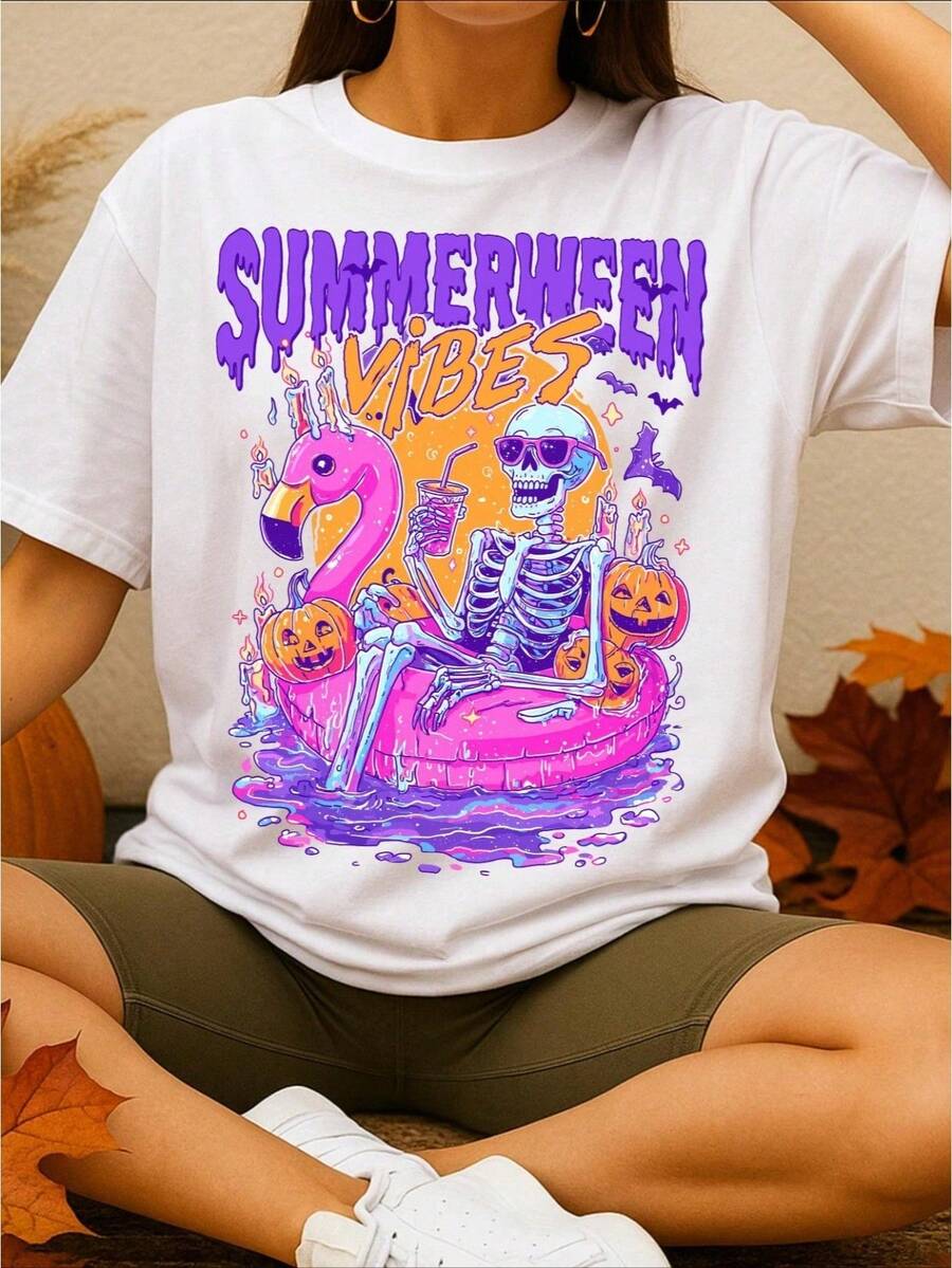 Unisex-Halloween-T-Shirt – Sommerfeeling pur! Lustiges aufblasbares Skelett-T-Shirt für Halloween im Sommer, gruseliges T-Shirt mit Flamingos, Geistern und Kürbissen im Pool. - Weiss - Übersicht 1