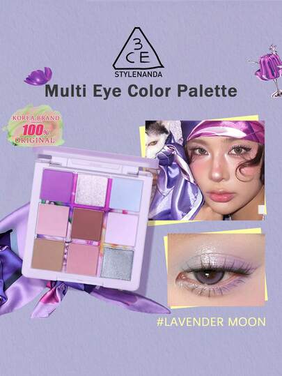 3CE Lavender M. SCARF Eyeshadow Palette, 9 Colors, Matte, Shimmer And Glitter Textures, Soft Blendable Powder, Lavender, Pink And Neutral Tones, Sparkling Gem Tones, Suitable For Daily And Night Makeup, Korean Style Eyeshadow Palette