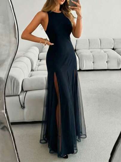 Vestido largo de crepé importado con detalle de dobladillo de tul, cuello redondo y sin mangas, con falda asimétrica y acampanada para mujer