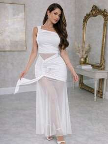 Elegant Women's Dress With Sheer Details, Elegant Party Dress, Crinkled Fabric, Contrasting Knit, Draped Tulle Dress, Spring/Summer Wedding Dress - 白色 - 查看 3