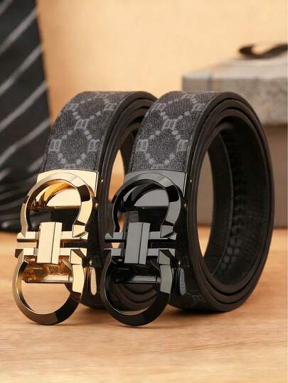 男士字母印花腰带 – 采用优质PU皮革制成，配有自动扣。提供黑色和棕色两种颜色，并饰以金色、银色和黑色饰边。可调节且经久耐用，适合商务和休闲场合。是父亲节、周年纪念日和其他特殊场合的理想礼物。