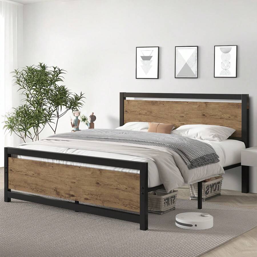 Twin & Full & Queen Metal Platform Bed Frame With Wooden Headboard And Footboard, 10.5in Under Bed Storage, All-Metal Support System, No Box Spring Needed,Noise Free, Easy Assembly - màu nâu - Xem 1