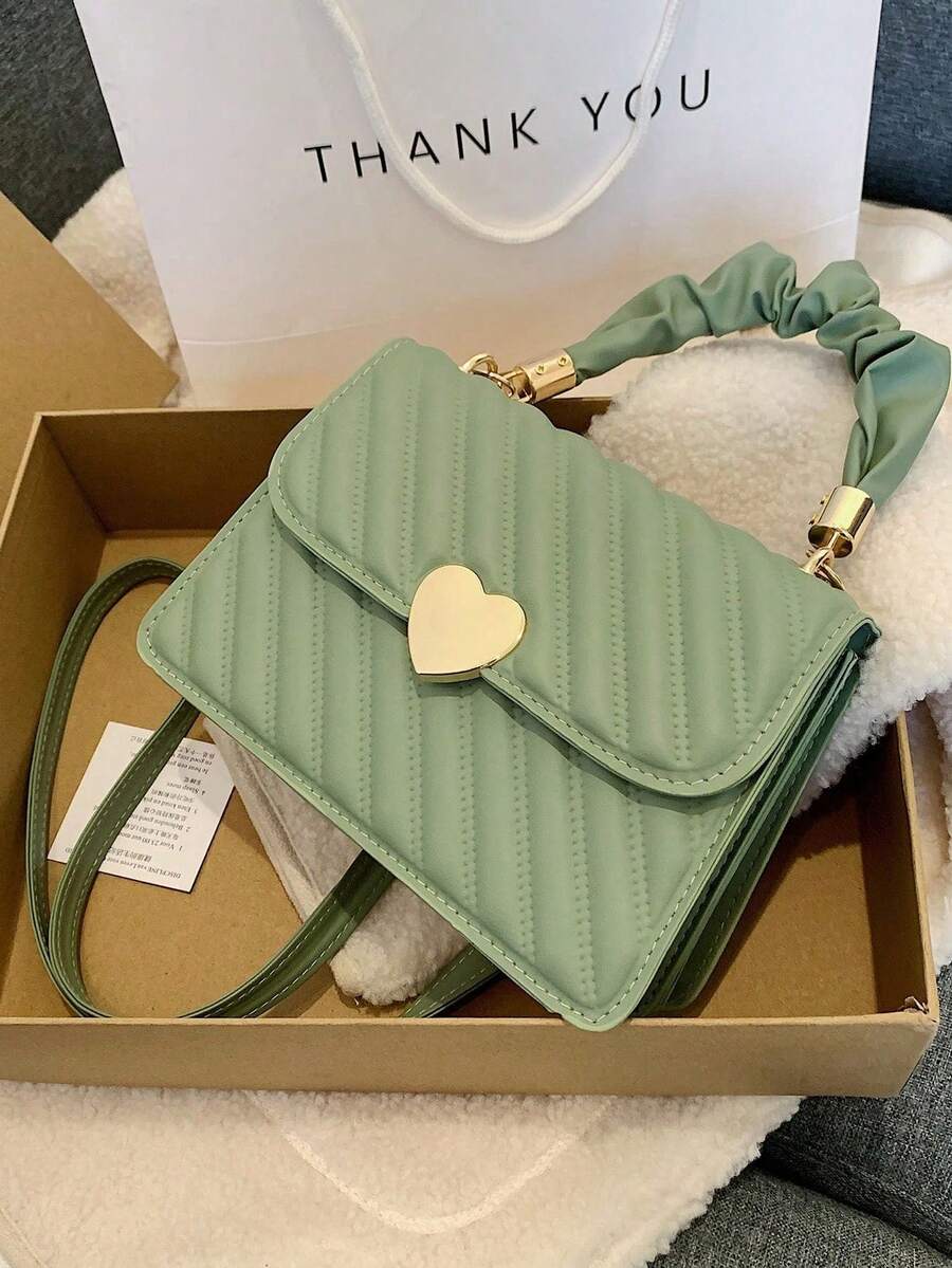 Lightweight,Business Casual Heart Decor Snap Button Square Bag For Teen Girls Women College Students,Rookies & White-Collar Workers Perfect For Office,College,Work ,Business,Commute,Outdoors, Travel, Outings , Green - 薄荷綠 - 查看 1