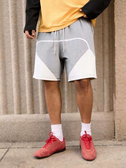 Open Phase Men's Gray & White Contrast Patchwork Elastic Waist Sports Shorts, Street Style For Summer