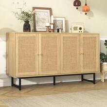 Sideboard 140x39.5x80 Cm With Genuine Rattan Weave, 4 Doors - Wood - View 1