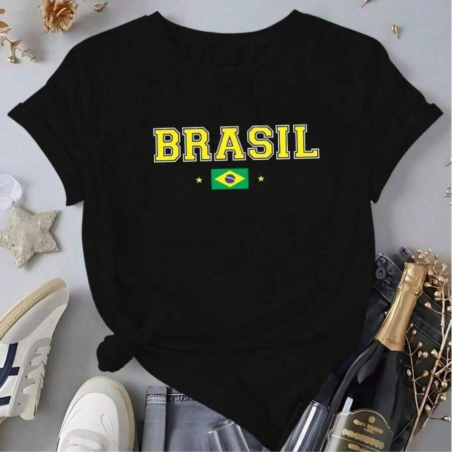 Women's T-Shirt Blouse For The Brazil Cup With Stars And Flag Design, Stylish, 2026, 100% - màu đen - Xem 1
