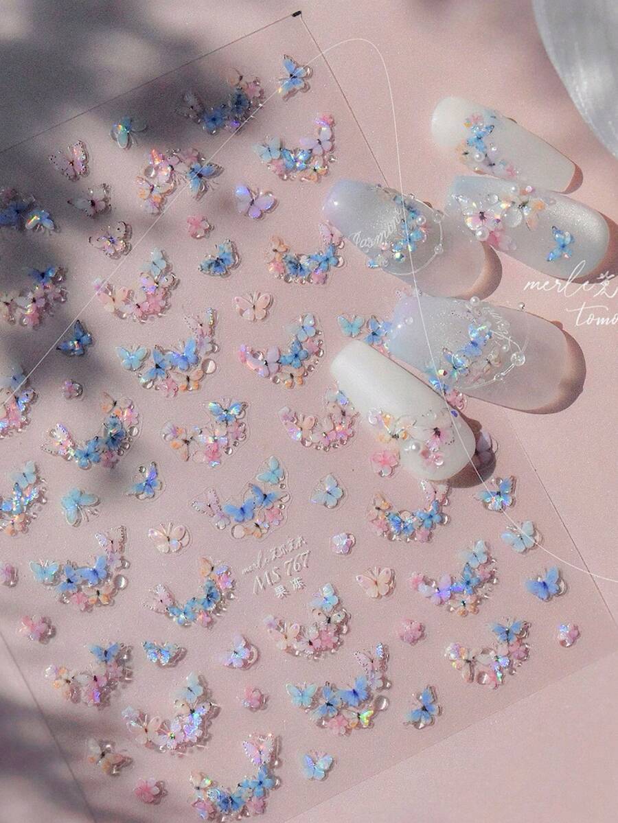 1片装奢华水钻蓝色蝴蝶美甲贴纸，美甲师必备，3D立体浮雕工艺，闪亮珠光蝴蝶与冰晶设计，自粘式美甲贴，可重复使用DIY美甲贴纸，女士礼物，美甲用品，优雅配饰礼品 - 藍色 - 查看 1