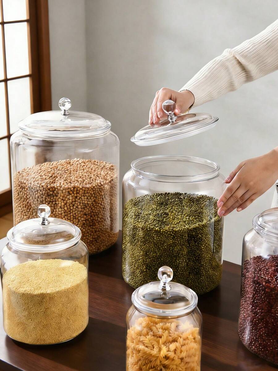 1個密封食物儲存盒附蓋，廚房收納盒，方便整理與儲存儲藏室食物，按鈕式蓋子，適用廚房儲存與收納