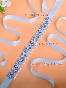 1pc Fashionable Minimalist Wedding Dress Belt, Handmade Banquet Dress Waist Decor, Suitable For Daily Wear And Important Festivals, Light Blue Crystal - Light Blue Ribbon - View 8