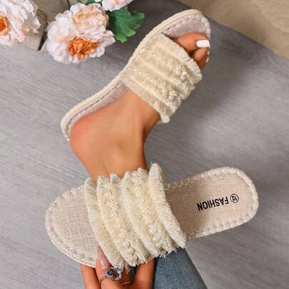 1 Pair Women's Super Lightweight Indoor Slippers, Delicate Pearl Decor, Quiet Non-Slip Indoor Slippers, Flat Round Toe Sandals For All Seasons, Suitable For Travel, Walking, Leisure