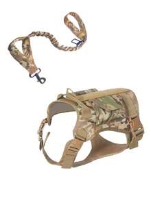 1 套迷彩战术宠物背带和牵引绳套装，带口袋、可调节项圈和胸围，适合中型/小型战术犬 - 彩色 - 查看 12