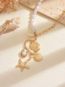1件优雅精致仿珍珠项链，Y形金色海星贝壳巴洛克风格仿珍珠吊坠，适合女性夏季、海滩、度假、休闲、派对、舞会等场合佩戴。 - 彩色 - 查看 3