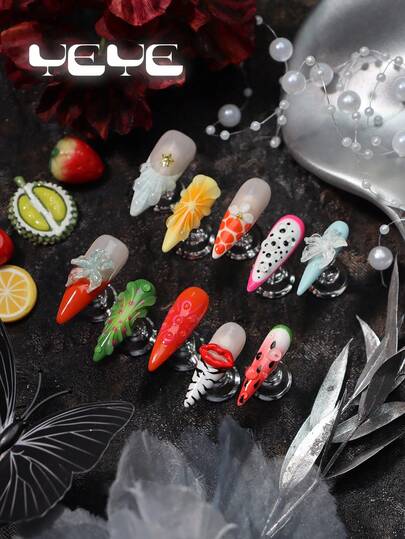 10pcs Press On Nails Acrylic Stiletto,Pink,White,Orange,Yellow,Green,Gradient Color,French Tips,Nude Look Natural Looking,3d Three-Dimensional Decoration Flower,Summer Cool Design,Fruit,Watermelon,Orange,Kiwi,Pitaya,Mouth,Zebra-Stripe,Star,Y2K Style Full Coverage Nails Press On Acrylic Set,Nail Art Suitable For Women & Girls,Summer Nail Supplies For Party, Wedding And Daily Wear, Includes Tool Kit, Great Gift For Women & Girls