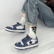 新款复古星形图案帆布运动鞋，时尚休闲厚底百搭学生鞋，女士运动鞋 - 藍色k - 查看 8