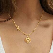 1件新款时尚字母心形太阳吊坠金色不锈钢珠链项链，女士款 - 金黃色 - 查看 1