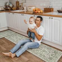 KIMODE Anti Fatigue Kitchen Mats Floor, Boho Floral Kitchen Rugs 17x29.5+17 X47", Cushioned Mats Kitchen Floor, Non Slip Kitchen Floor Mats, Sink, Laundry, Office, Desk Blue Multi E3V1 - 綠色 - 查看 9