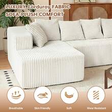 Boneless Couch,Modular U-Shaped Corduroy Sectional Sofa,130-Inch 4-Seater Chaise Lounge With Reversible Design, No Assembly Modular Cloud Couch, 72-Hour Fluff Recovery, Striped Corduroy Fabric In Beige/White – Sectional Living Room Or Bedroom Couch, Freely Configurable Layout. - Màu be - Xem 3
