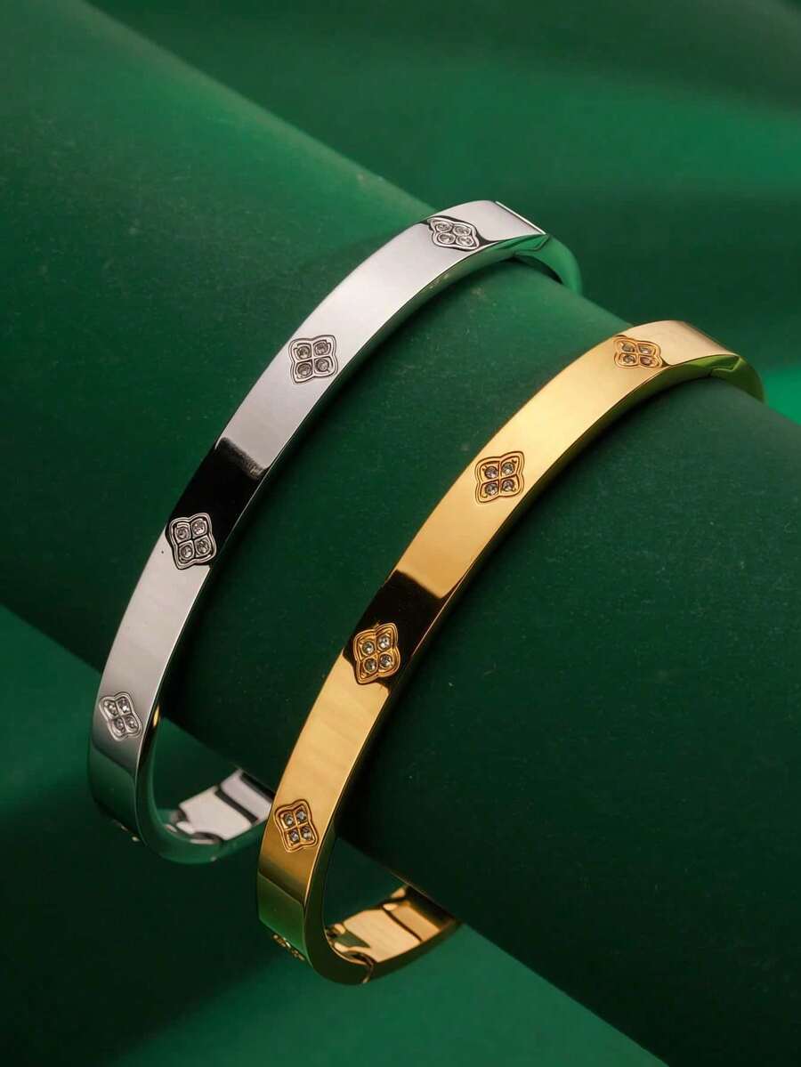 1pc Classic Luxury Versatile Bracelet With 4 Diamonds, Stainless Steel 18K Plated, Non-Fading, Suitable For Fashionable Ladies Daily, Dating, Party Wear, Gift - Four-point Diamond Bracelet - View 1