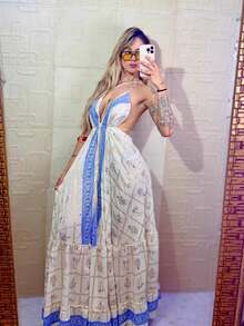 Elegant White Women's Long Silk  Print Dress - 藍色 - 查看 2
