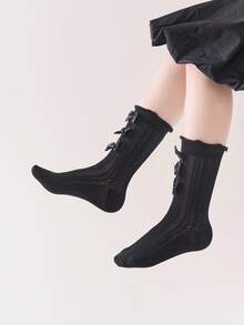 4双装女童透气网眼中筒袜，甜美蝴蝶结公主洛丽塔荷叶边装饰休闲学生袜，春夏款 - 彩色 - 查看 9