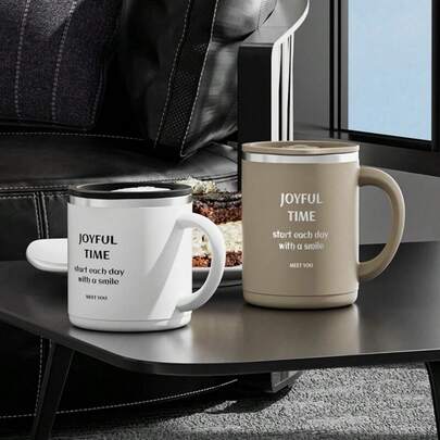 1Pc 400ml 304 Stainless Steel Coffee Mug With Lid&Handle, Portable Sealed Leak Proof Double Wall Water Cup, Insulated Anti Scalding Drinking Cup, Reusable Double-Layer Tea Milk Coffee Cup, Suitable For Students And Adults To Use In School, Office, Travel, Outdoor Camping, Picnic