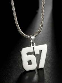 1件装时尚简约创意不锈钢67号吊坠项链，扁平蛇形链，嘻哈街头风金/银吊坠男女通用礼物颈链饰品 - 彩色 - 查看 2