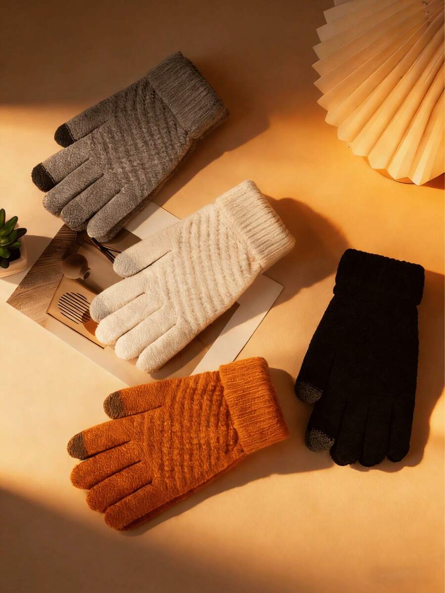 2双装女士冬季触屏保暖柔软手套，带绒毛内衬，在寒冷天气中为双手提供温暖 - 彩色 - 查看 1