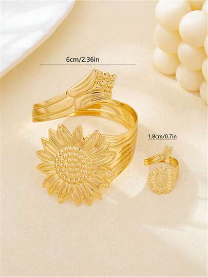 2pcs/Set New Arrival European And American Sunflower Rotating Bracelet And Adjustable Ring Jewelry Set For Women