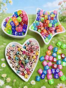 300/600/1000pcs Mixed Color Acrylic Letter Pattern Square Spacer Beads For Jewelry Making - Multicolor - View 3