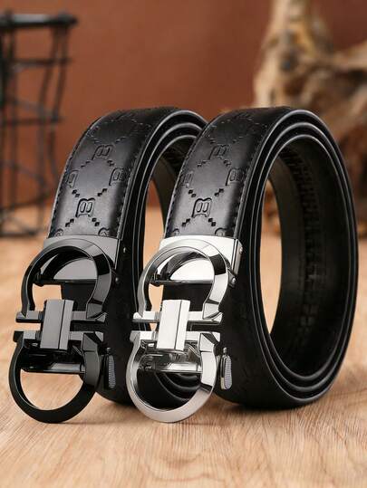 1pc Men's Embossed Belt – Premium PU Leather With Automatic Buckle, Available In Gold/Silver/Black Finishes, Adjustable And Durable, Suitable For Both Business And Casual Wear, And The Perfect Gift For Father's Day, Anniversaries, And Special Occasions.