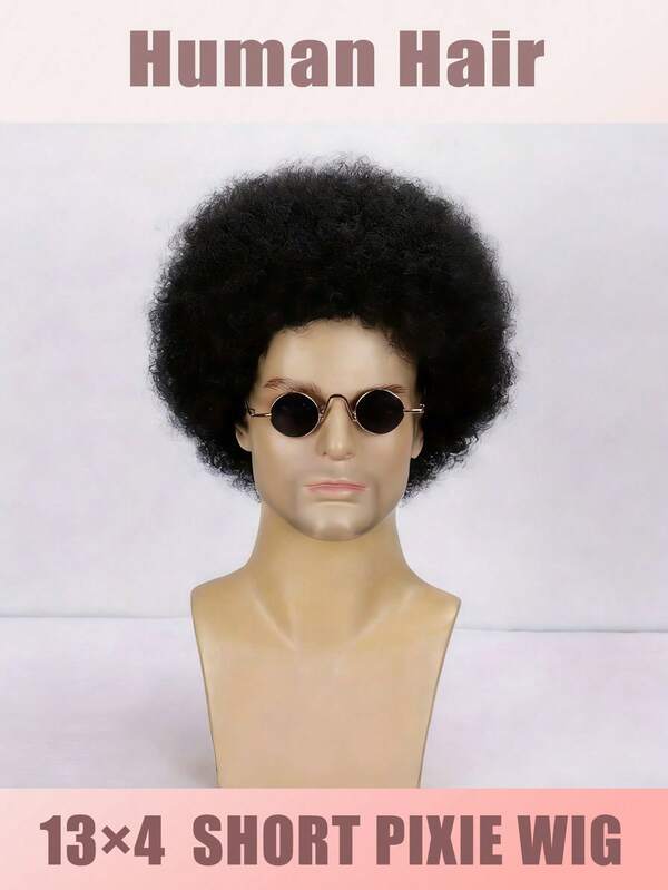 非洲卷曲蓬松13x4蕾丝前假发，真人发刘海假发 - 女士短款卷曲波浪蓬松波波头假发，外观自然，非洲卷发造型，多功能假发，70年代复古非洲风格假发，女士卷发假发，蓬松柔软，自然逼真，适合日常佩戴、派对、角色扮演和各种场合，派对角色扮演非洲假发，150%密度黑色假发，趣味短款层次波波头，易于佩戴。
