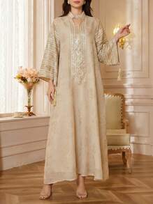 Solessence Vestido de kaftan de manga larga con cuello en V elegante, bordado de encaje para mujer - NC30 - Ver 2