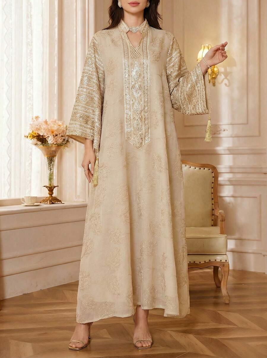 Solessence Vestido de kaftan de manga larga con cuello en V elegante, bordado de encaje para mujer
