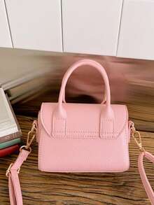 1个粉色荔枝纹理3D蝴蝶结亮面PU皮革小手提包，磁扣开合，甜美风格单肩/斜挎包，适合日常使用 - 粉色 - 查看 6